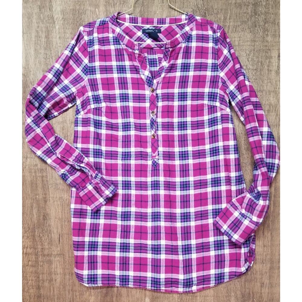 Lands' End Wmns Sz 2 Purple Plaid Long Sleeve Flannel Pullover Cotton Tunic Top